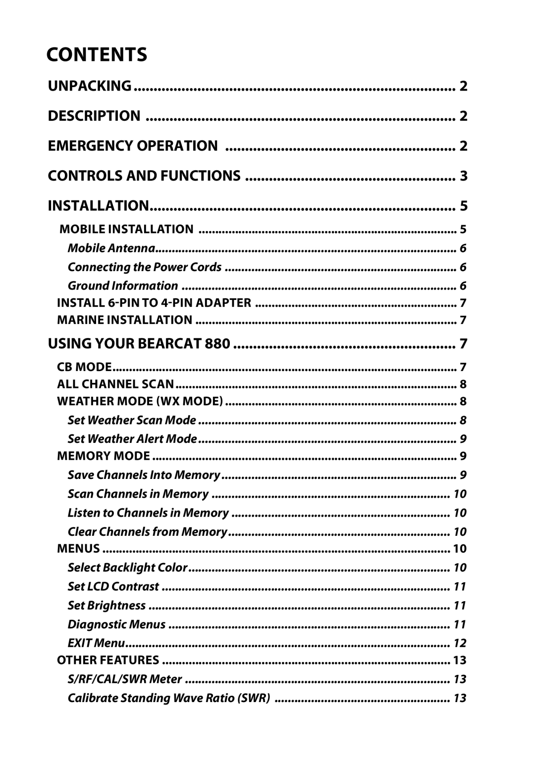 Uniden 880 owner manual Contents 