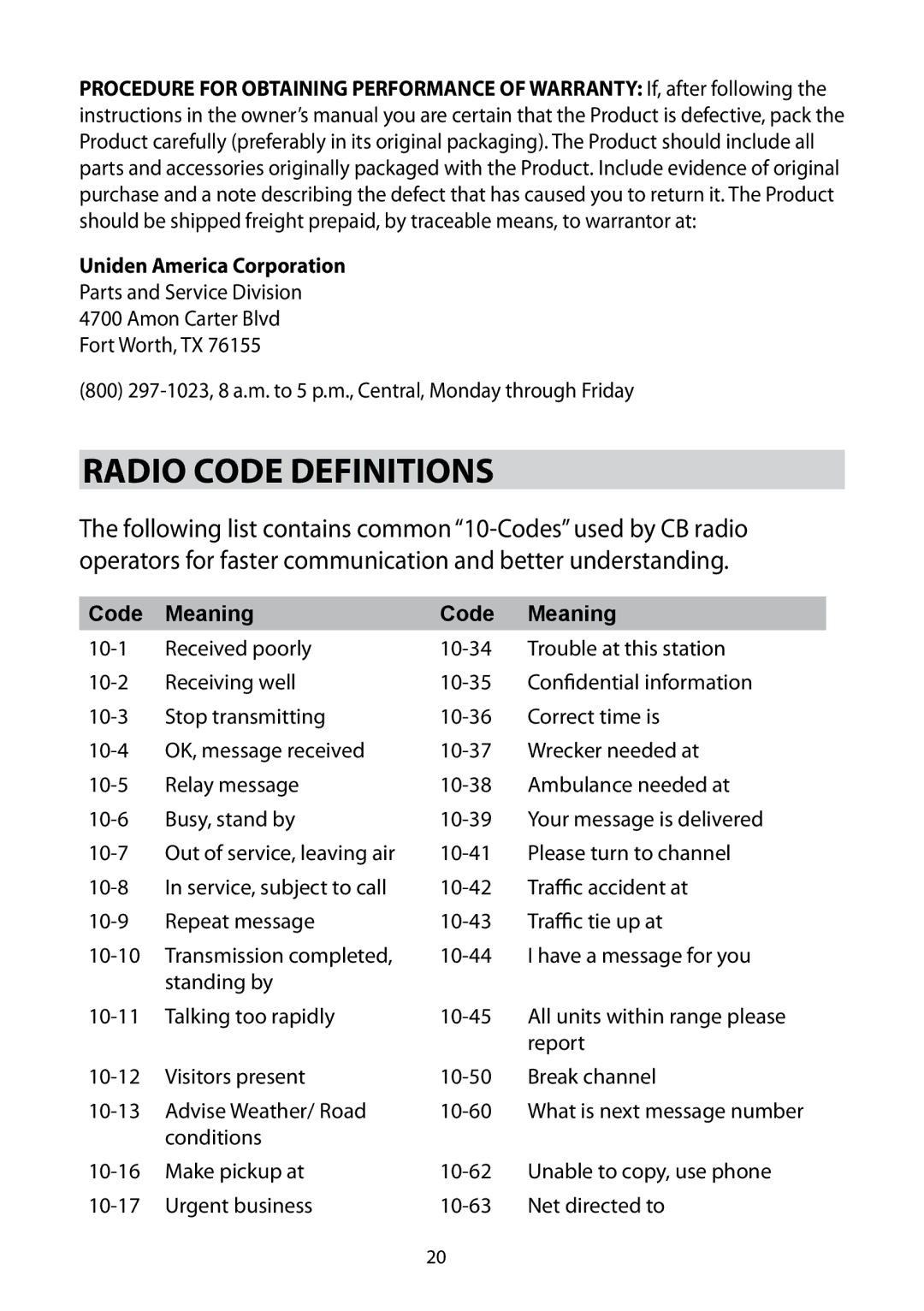 Uniden 880 owner manual Radio Code Definitions, Uniden America Corporation 