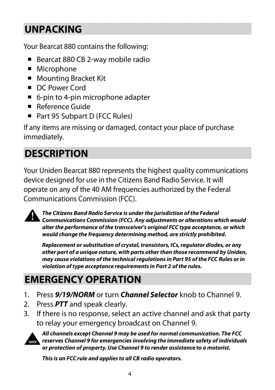 Uniden 880 owner manual Unpacking, Description, Emergency Operation 