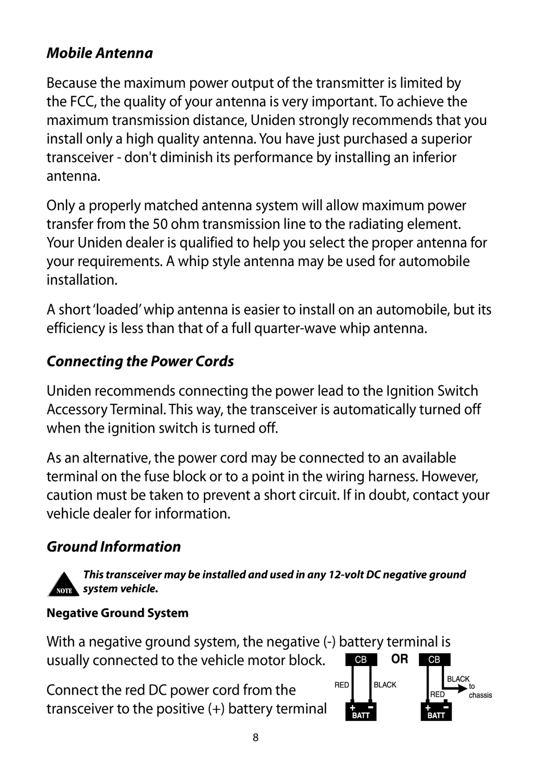 Uniden 880 owner manual Mobile Antenna, Connecting the Power Cords, Ground Information 