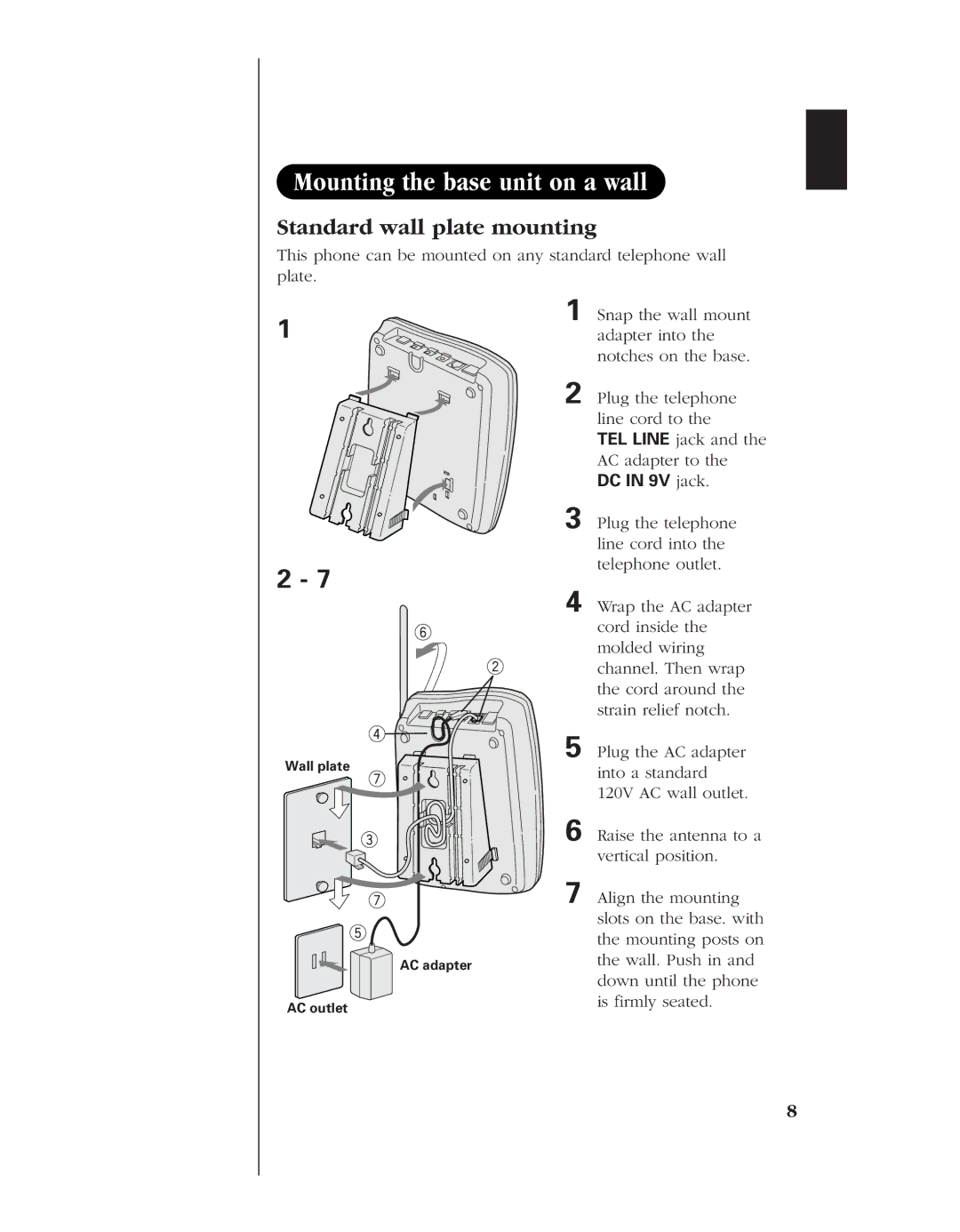 Uniden 8985 manual Mounting the base unit on a wall, Standard wall plate mounting, Is firmly seated 