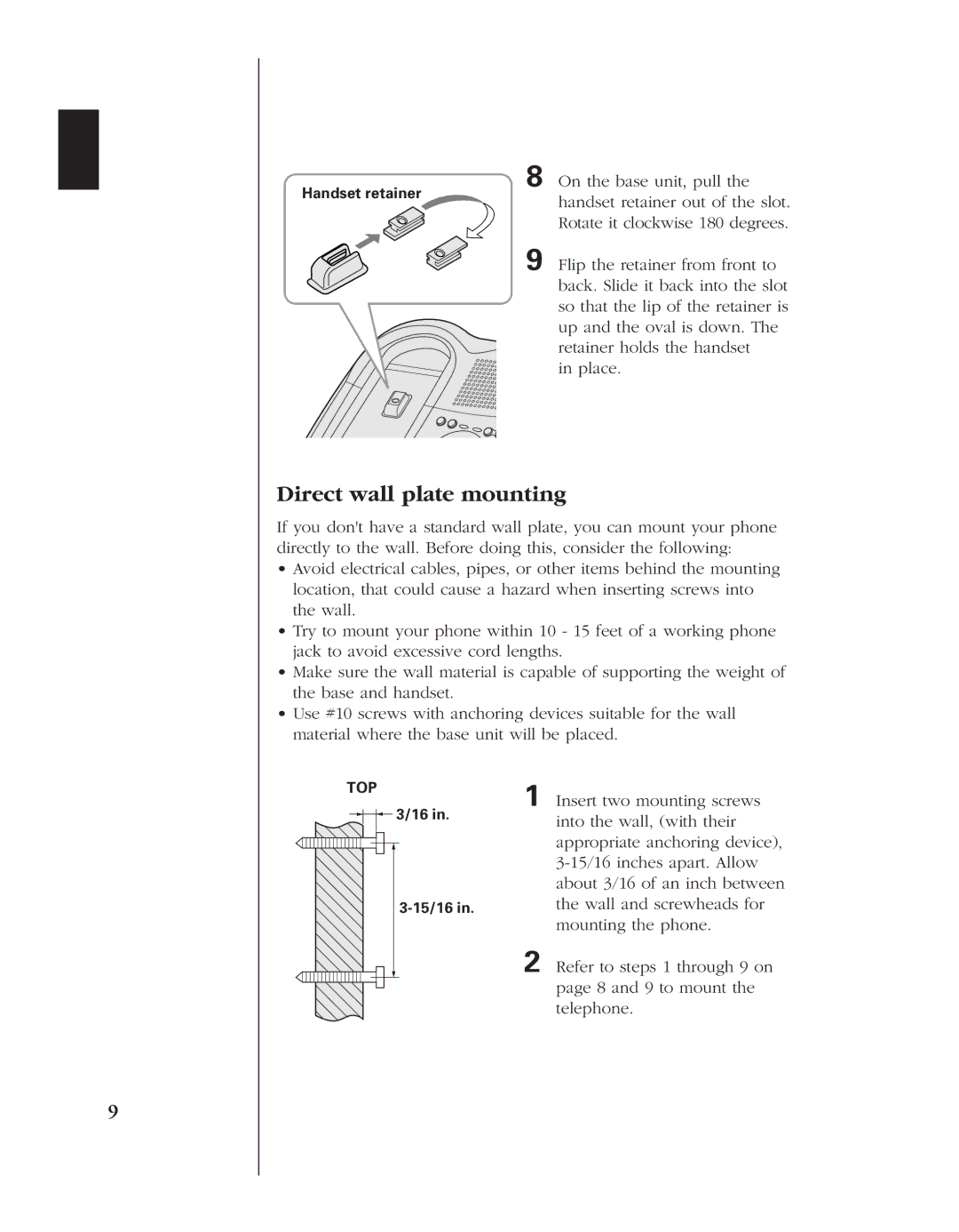 Uniden 8985 manual Direct wall plate mounting 