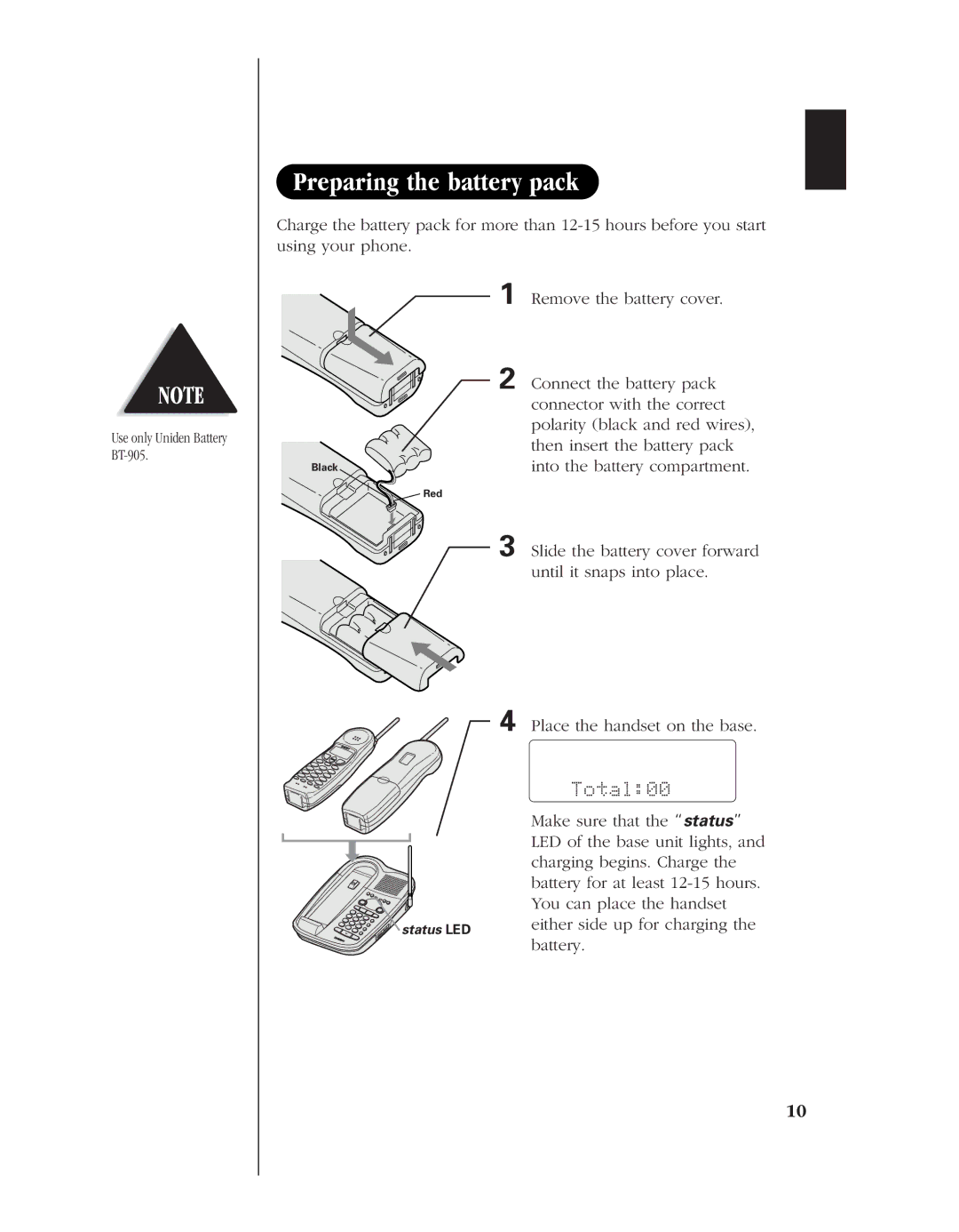 Uniden 8985 manual Preparing the battery pack, Total00 