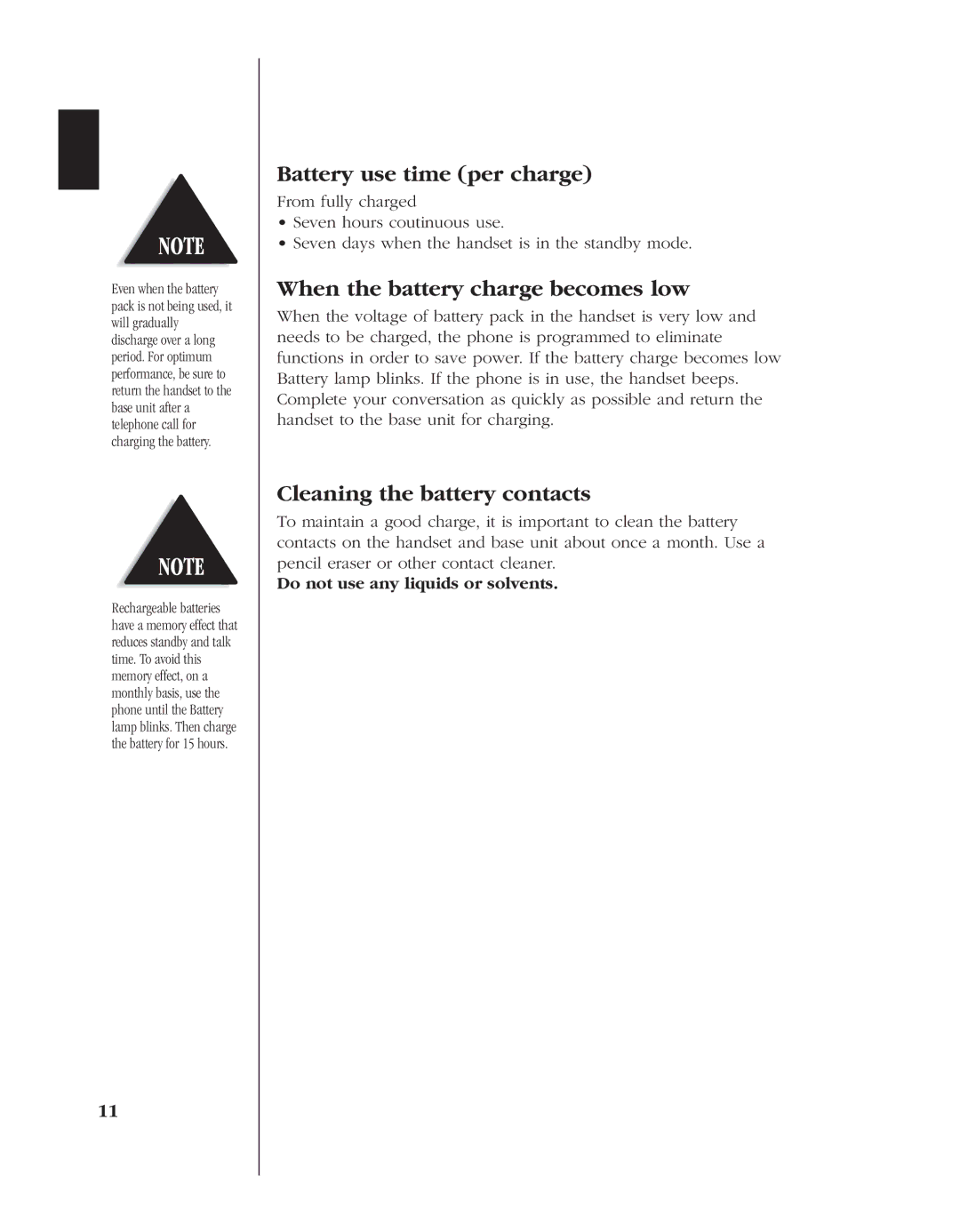 Uniden 8985 manual Battery use time per charge, When the battery charge becomes low, Cleaning the battery contacts 