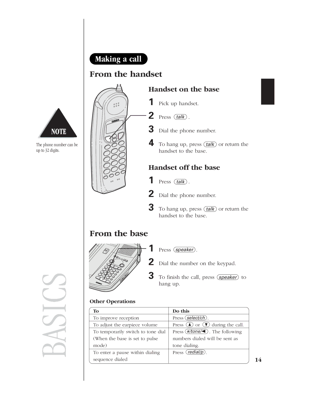 Uniden 8985 manual Making a call, From the handset, From the base, Handset on the base, Handset off the base 