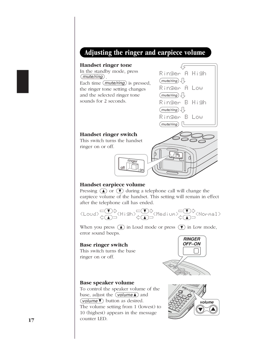 Uniden 8985 manual Adjusting the ringer and earpiece volume, Ringer a High, Ringer a Low, Ringer B High, Ringer B Low 