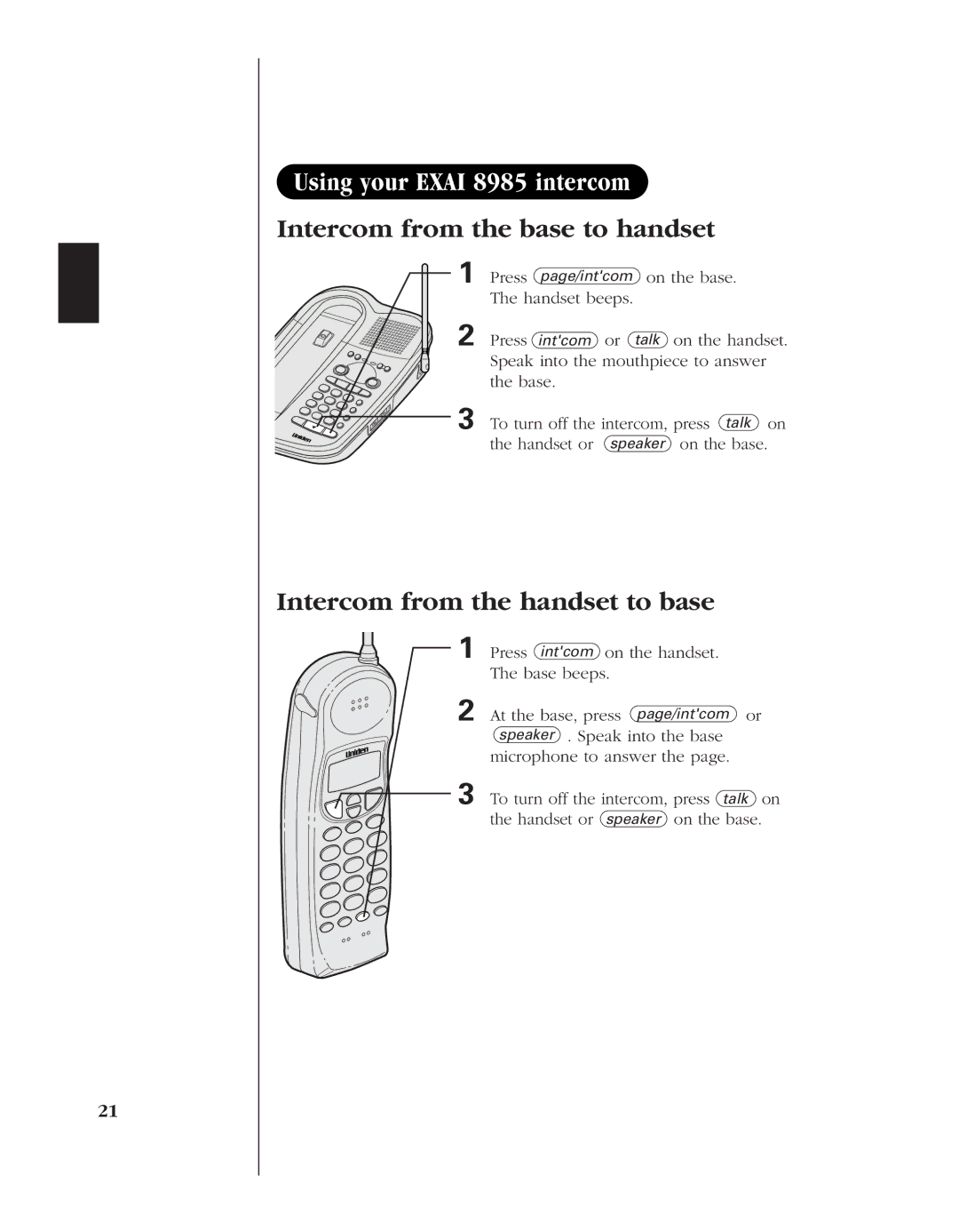 Uniden 8985 manual Intercom from the handset to base 