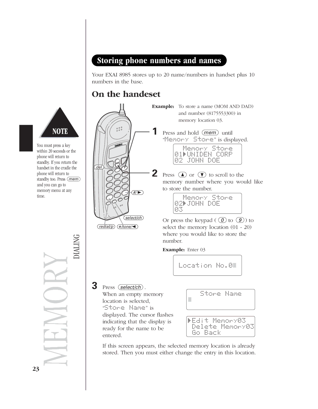 Uniden 8985 manual Storing phone numbers and names, On the handeset, Press and hold mem until Memory Store is displayed 