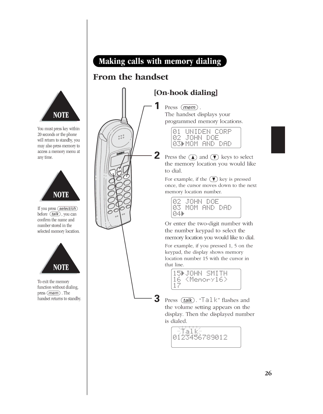 Uniden 8985 Making calls with memory dialing, On-hook dialing, Press mem Handset displays your programmed memory locations 