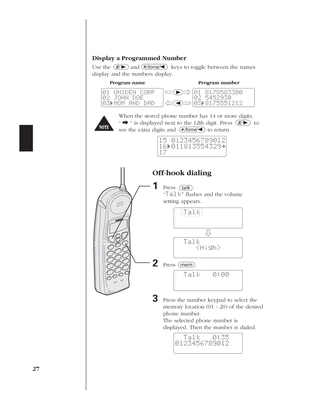 Uniden 8985 manual Off-hook dialing, Talk Talk High, Talk 035 