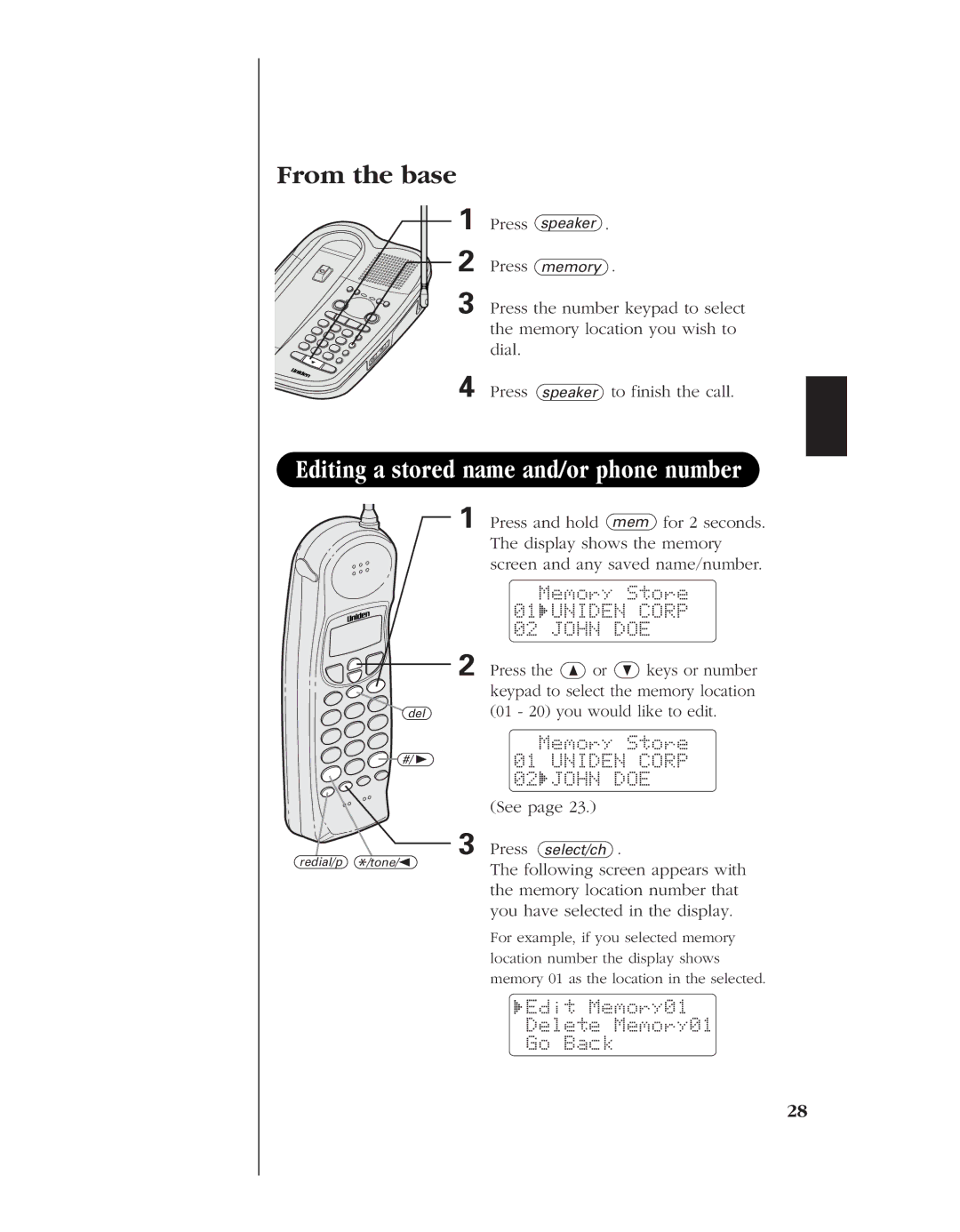 Uniden 8985 manual Editing a stored name and/or phone number, See, Edit Memory01 Delete Memory01 Go Back 