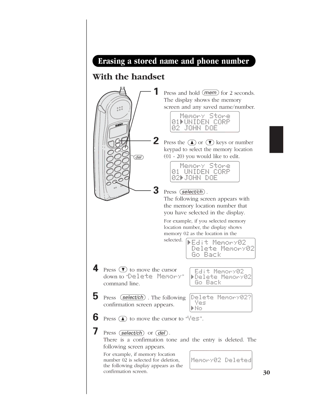 Uniden 8985 manual Erasing a stored name and phone number, With the handset, Edit Memory02, Delete Memory02 