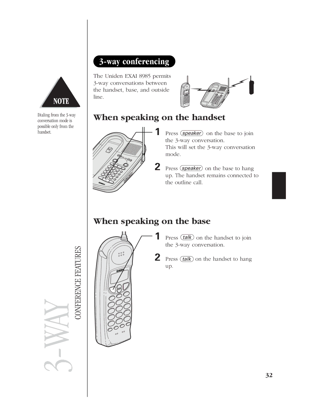 Uniden 8985 manual Way conferencing, When speaking on the handset, When speaking on the base 