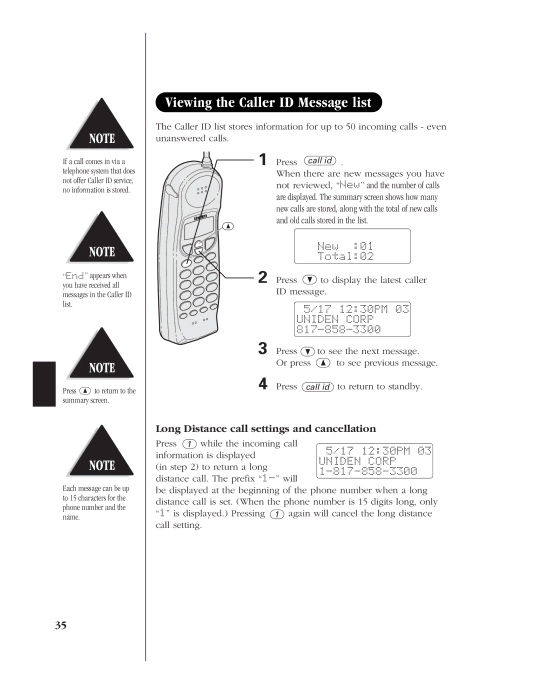 Uniden 8985 Viewing the Caller ID Message list, New Total02, Press »to display the latest caller ID message, 17 1230PM 