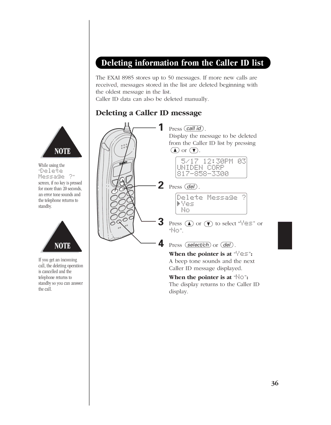 Uniden 8985 manual Deleting information from the Caller ID list, Deleting a Caller ID message, When the pointer is at Yes 