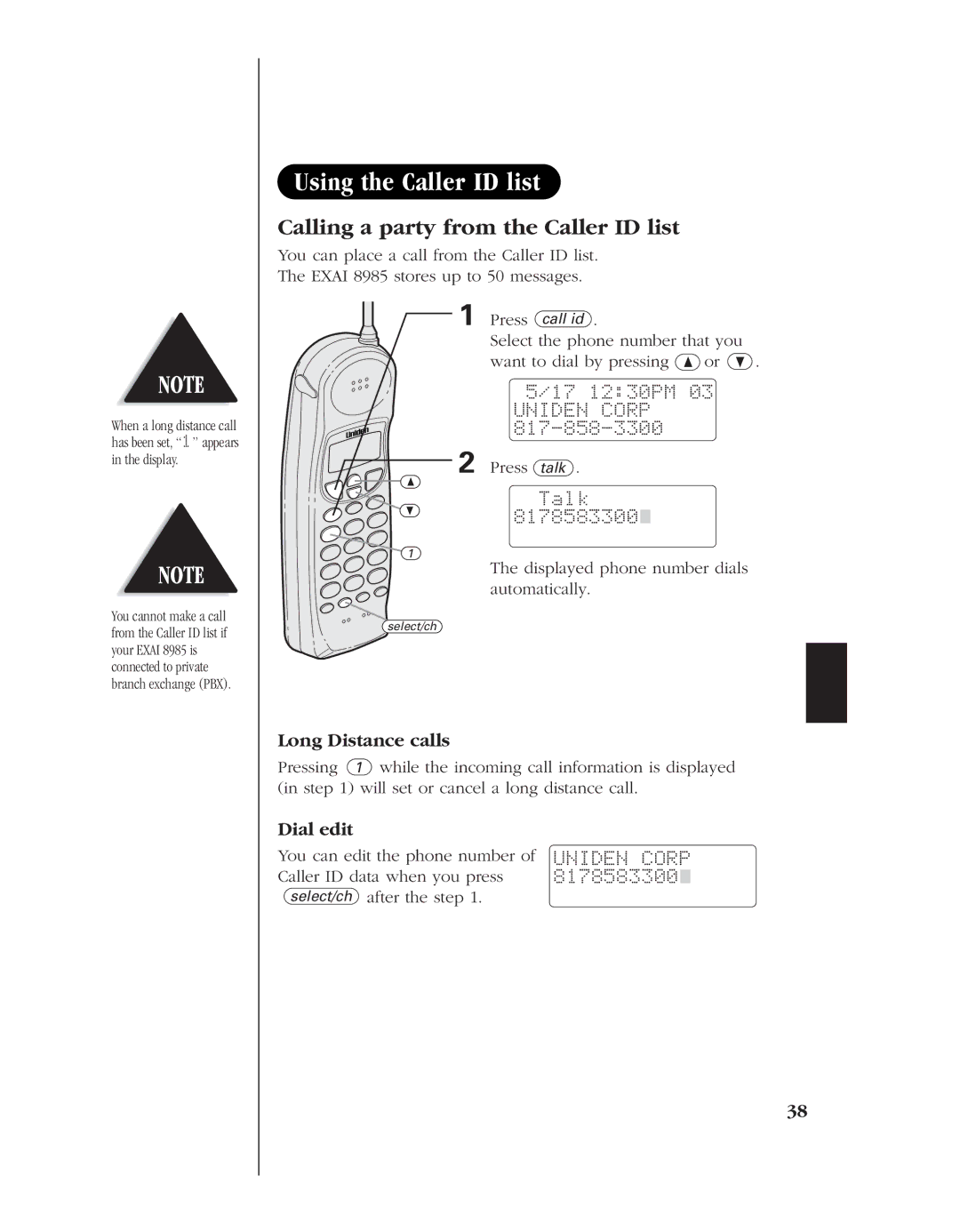 Uniden 8985 manual Using the Caller ID list, Calling a party from the Caller ID list, 8178583300 