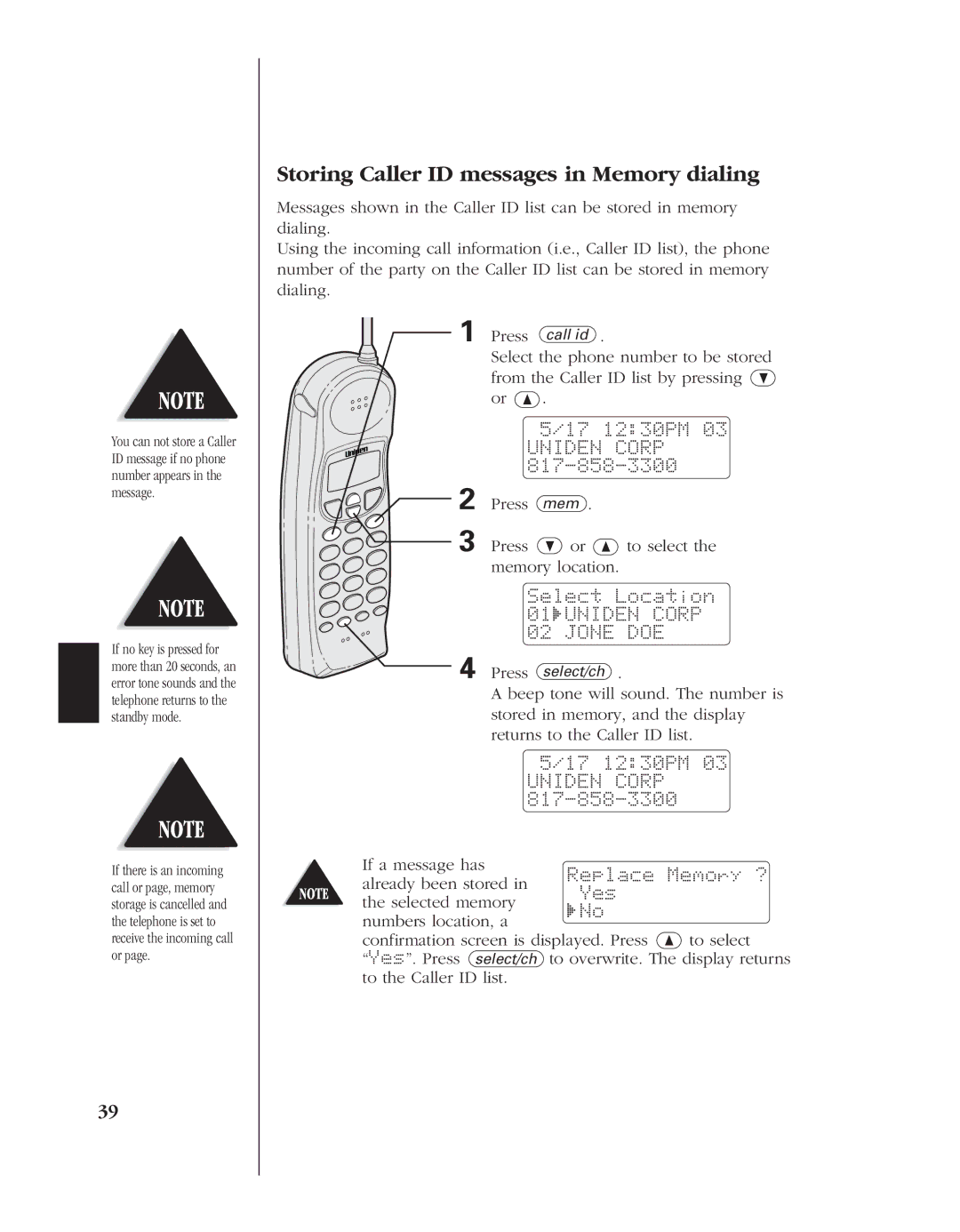 Uniden 8985 manual Storing Caller ID messages in Memory dialing, Select Location 