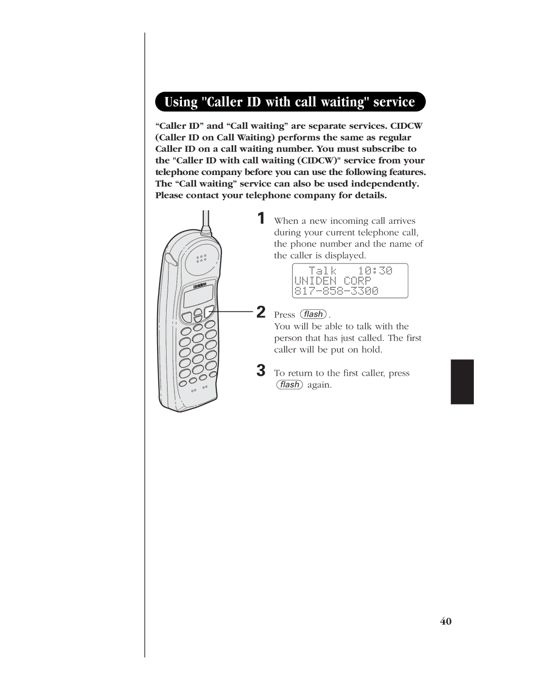 Uniden 8985 manual Using Caller ID with call waiting service, Talk Uniden Corp 