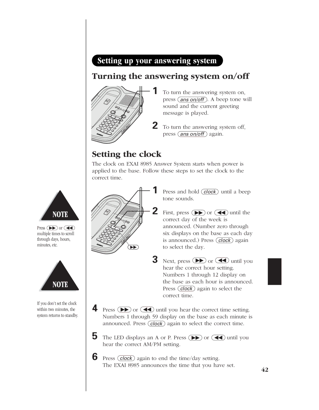 Uniden 8985 manual Setting the clock 