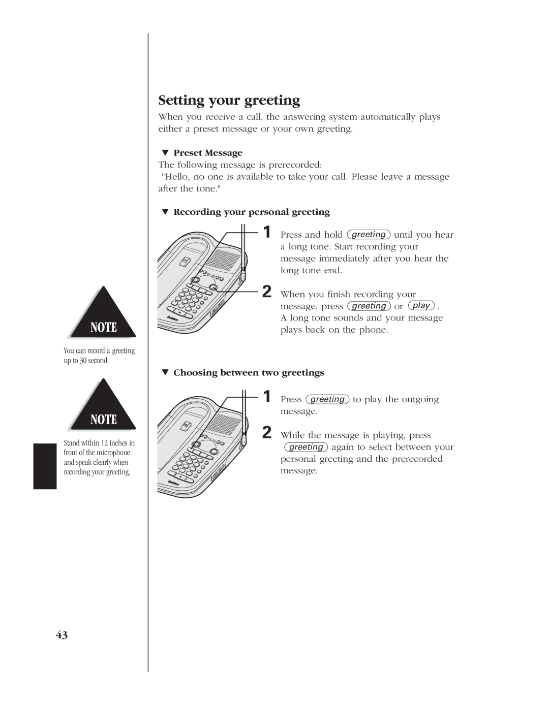 Uniden 8985 Setting your greeting, » Preset Message, » Recording your personal greeting, » Choosing between two greetings 