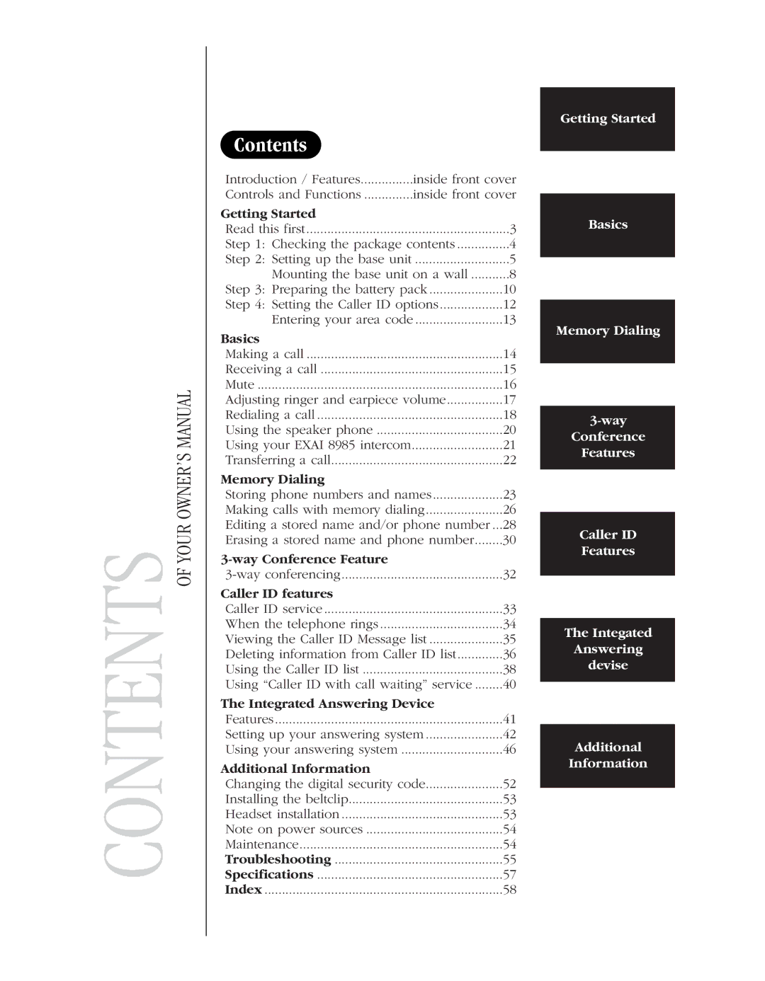 Uniden 8985 manual Contents 