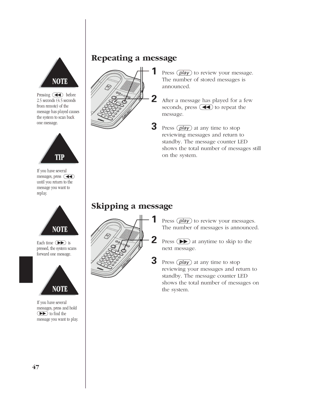 Uniden 8985 manual Repeating a message, Skipping a message 