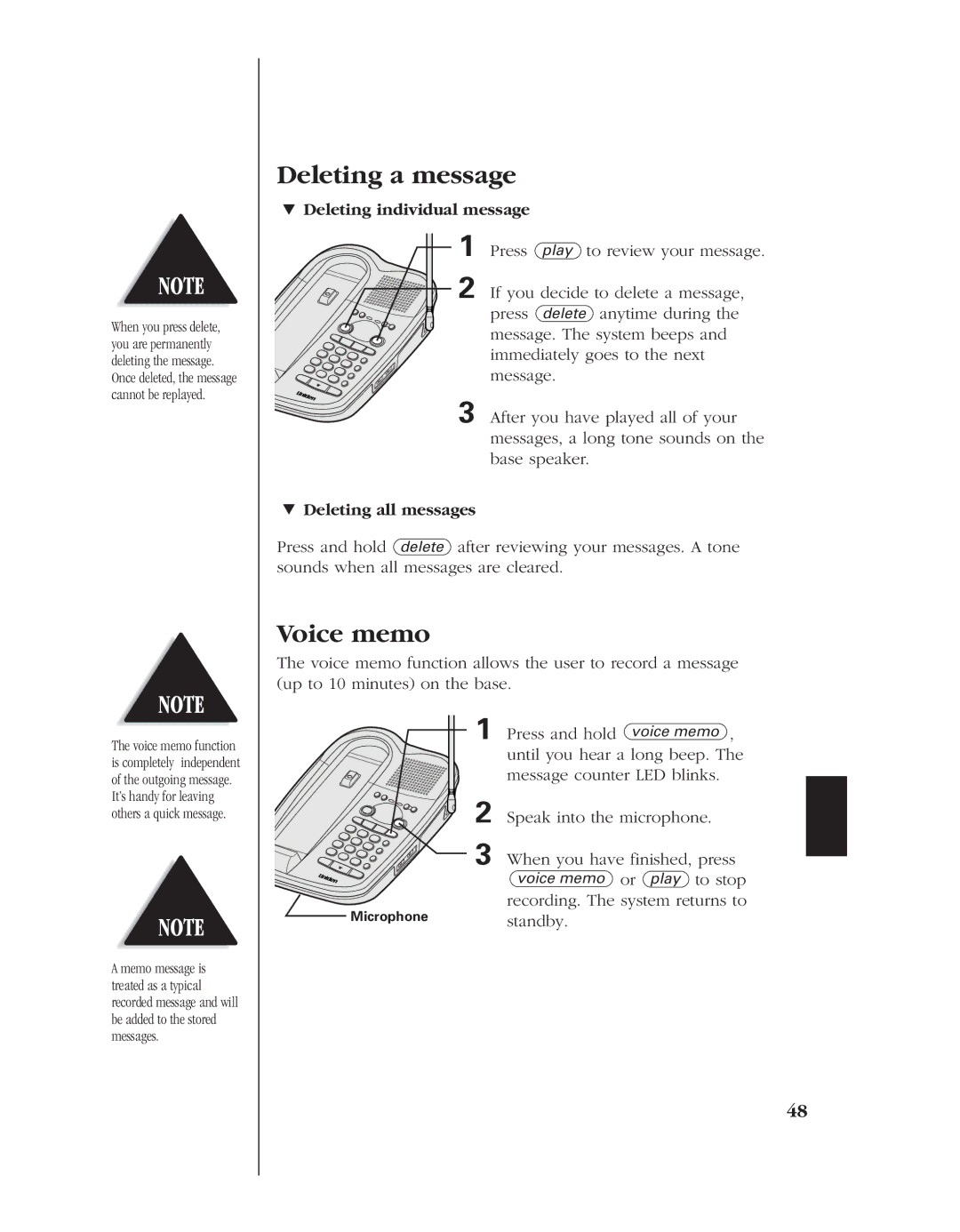 Uniden 8985 manual Deleting a message, Voice memo, » Deleting individual message, » Deleting all messages 