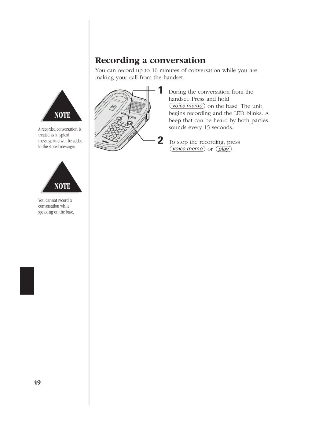 Uniden 8985 manual Recording a conversation 