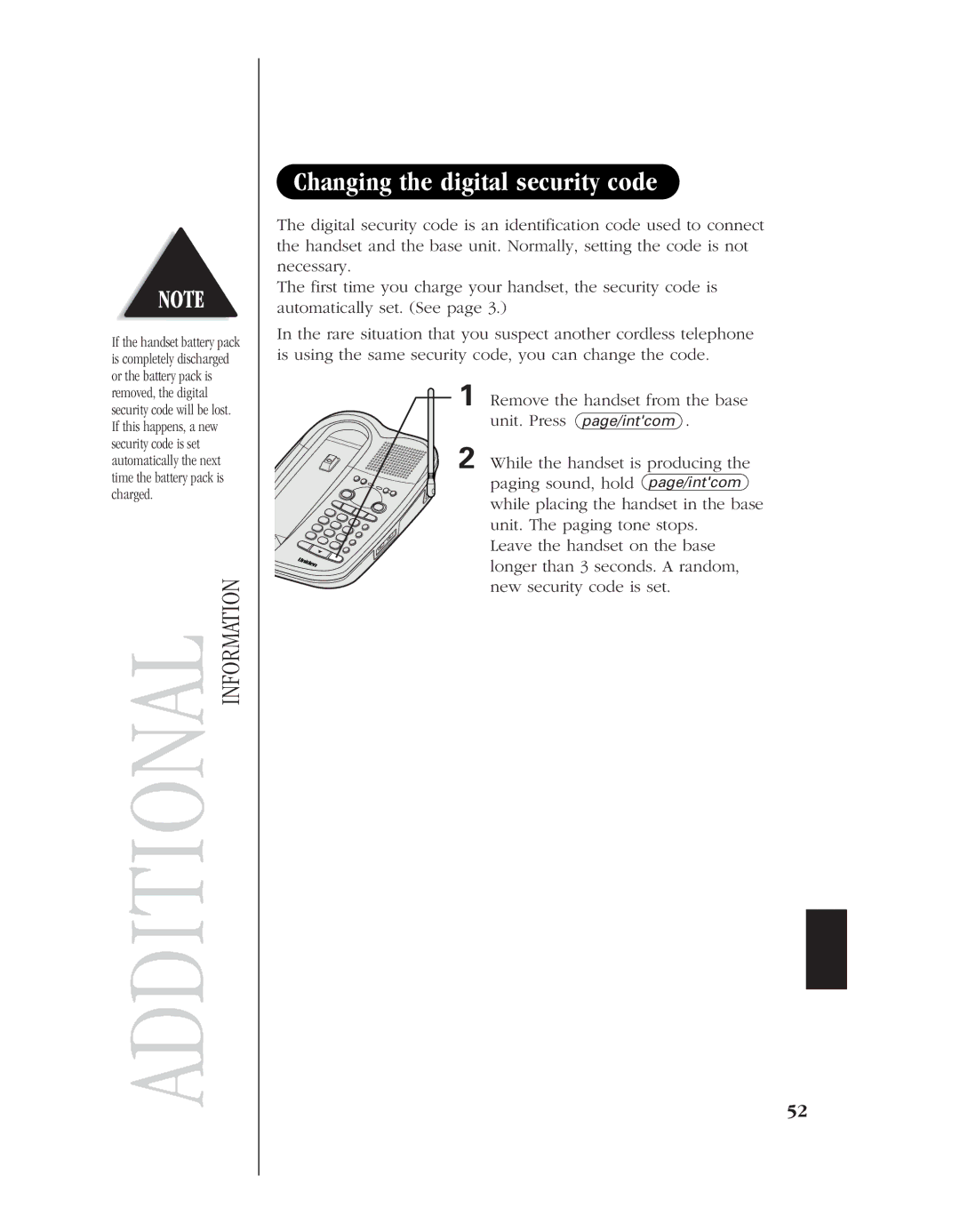 Uniden 8985 manual Additional Information, Changing the digital security code 