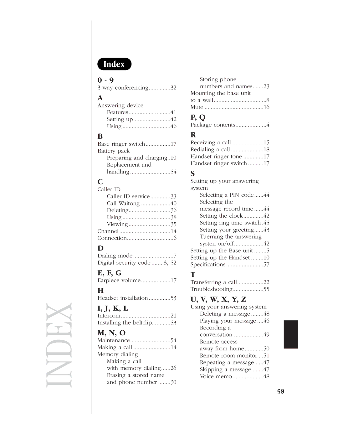 Uniden 8985 manual Index, K, L, W, X, Y, Z, Digital security code Earpiece volume Headset installation 