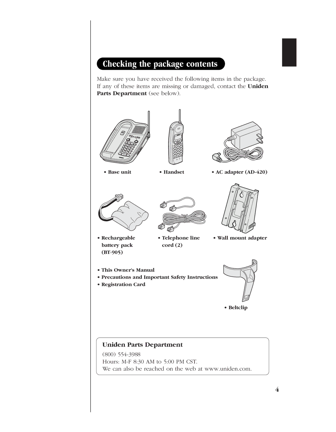 Uniden 8985 manual Checking the package contents 