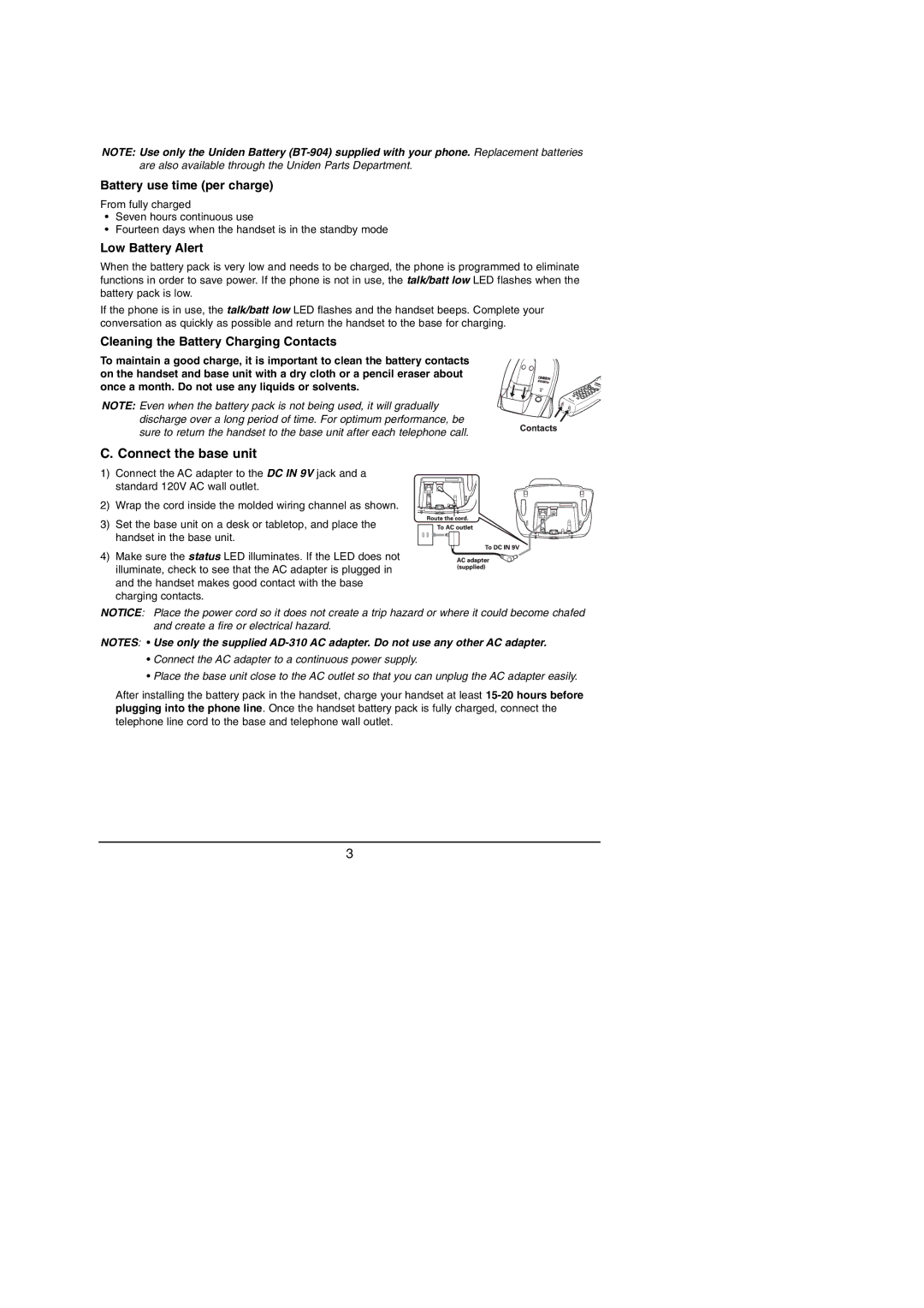 Uniden 900 MHz manual Battery use time per charge, Low Battery Alert, Cleaning the Battery Charging Contacts 