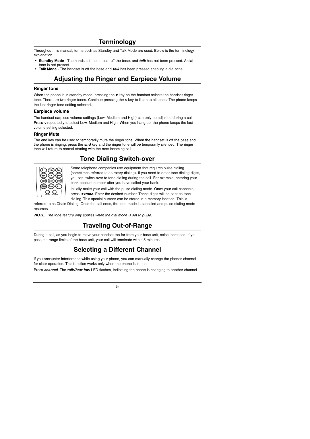 Uniden 900 MHz Terminology, Adjusting the Ringer and Earpiece Volume, Tone Dialing Switch-over, Traveling Out-of-Range 