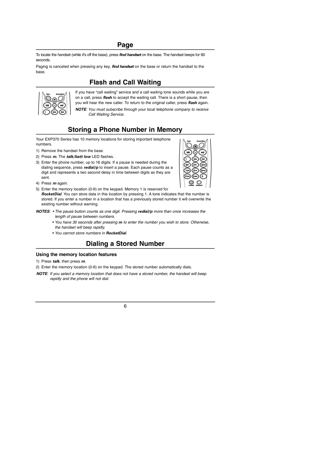 Uniden 900 MHz manual Flash and Call Waiting, Storing a Phone Number in Memory, Dialing a Stored Number 