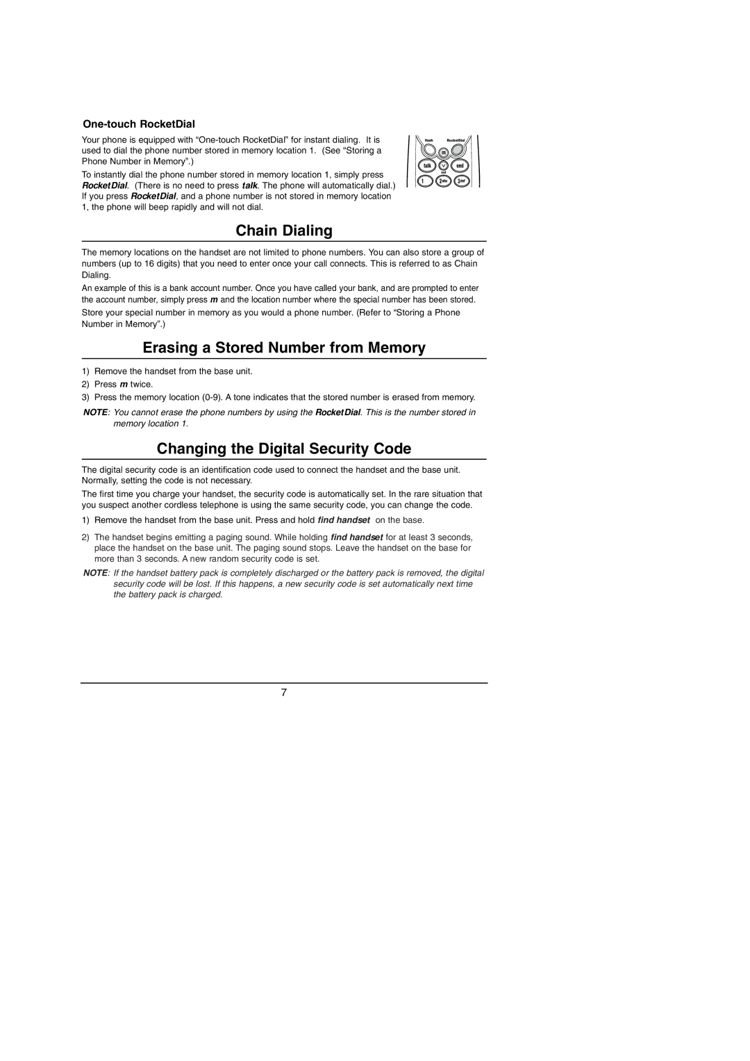 Uniden 900 MHz manual Chain Dialing, Erasing a Stored Number from Memory, Changing the Digital Security Code 