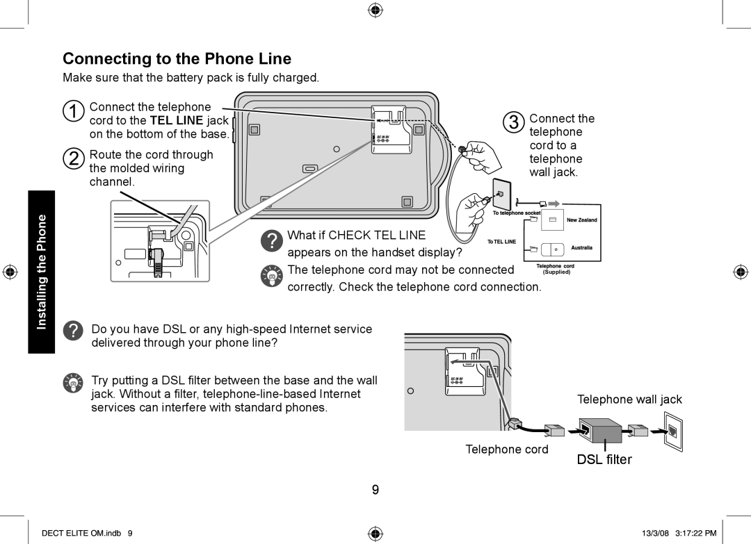 Uniden DECT Elite 9035, 9035+1, 9035+2 manual Connecting to the Phone Line, Telephone cord may not be connected 