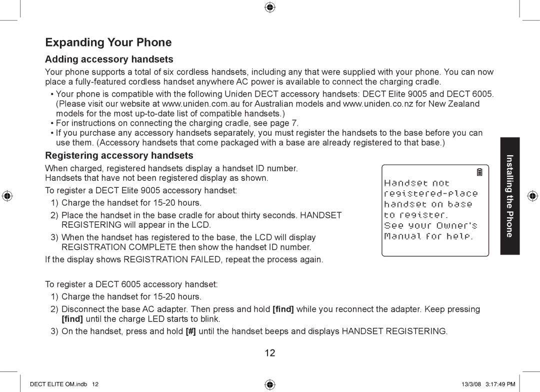 Uniden 9035+1, DECT Elite 9035, 9035+2 manual Expanding Your Phone, Adding accessory handsets, Registering accessory handsets 