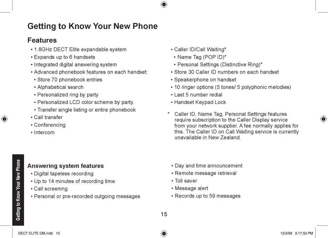 Uniden 9035+1, DECT Elite 9035, 9035+2 manual Getting to Know Your New Phone, Features, Answering system features 