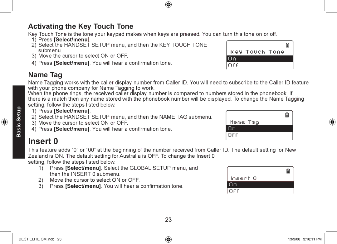 Uniden 9035+1, DECT Elite 9035, 9035+2 manual Insert, Activating the Key Touch Tone, Name Tag 