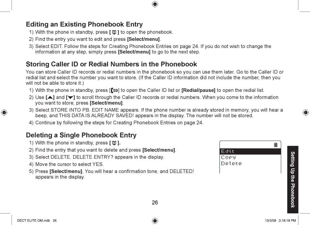 Uniden 9035+2, 9035+1 manual Editing an Existing Phonebook Entry, Storing Caller ID or Redial Numbers in the Phonebook 