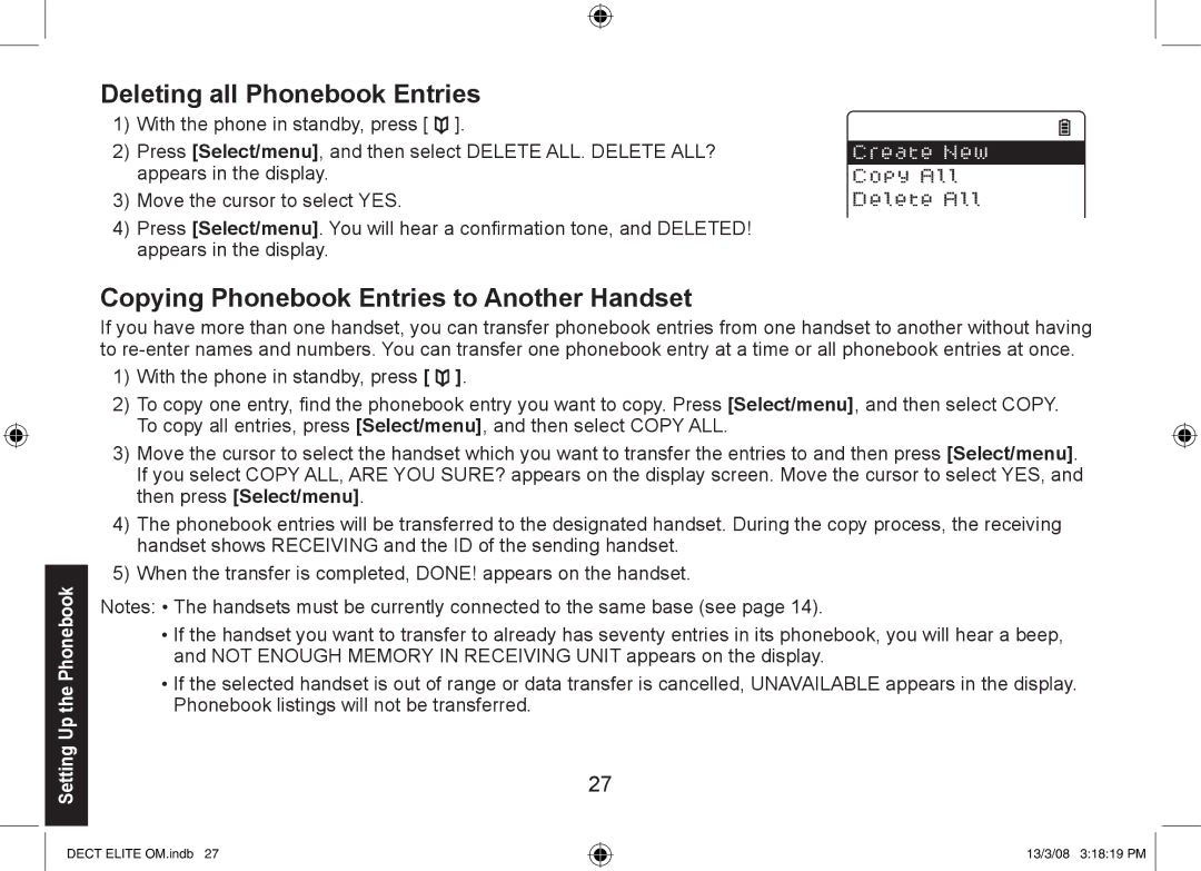 Uniden 9035+1, DECT Elite 9035, 9035+2 manual Deleting all Phonebook Entries, Copying Phonebook Entries to Another Handset 