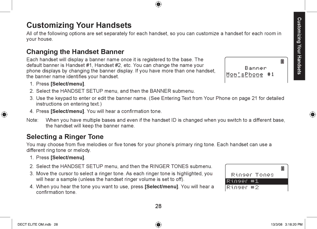 Uniden 9035+1 manual Customizing Your Handsets, Changing the Handset Banner, Selecting a Ringer Tone, . Press Select/menu 