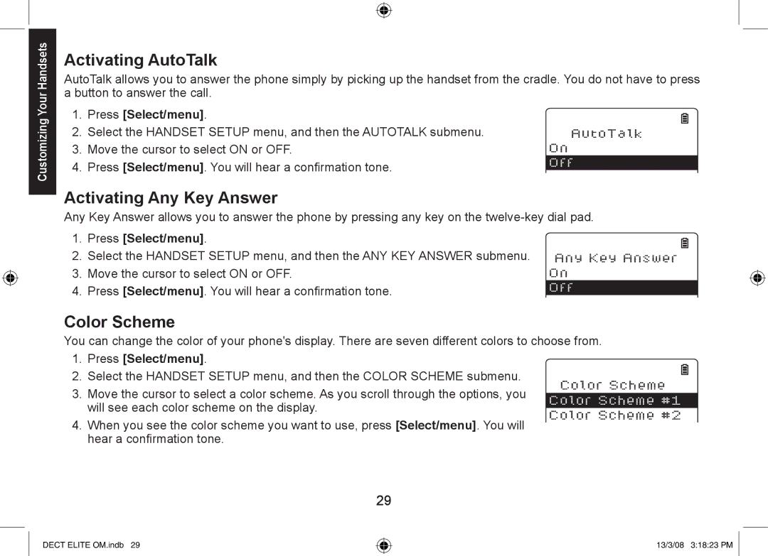 Uniden DECT Elite 9035, 9035+1, 9035+2 manual Activating AutoTalk, Activating Any Key Answer, Color Scheme 