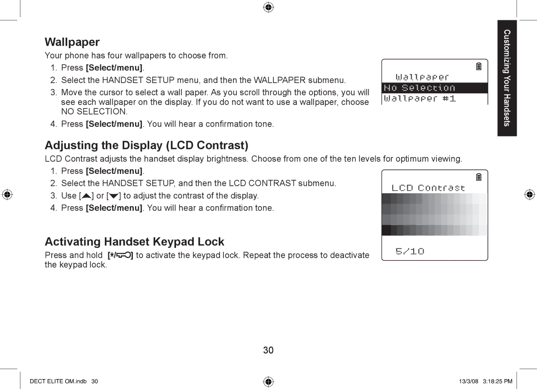 Uniden 9035+2, 9035+1, DECT Elite 9035 manual Wallpaper, Adjusting the Display LCD Contrast, Activating Handset Keypad Lock 