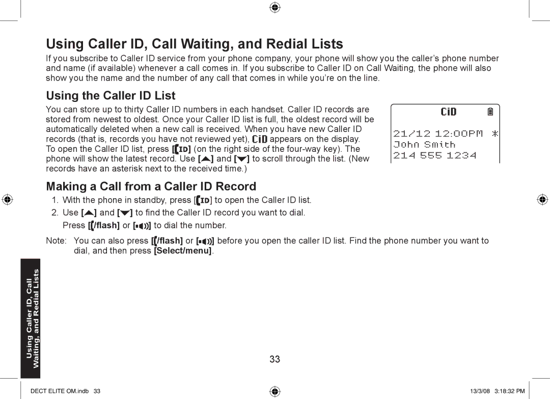 Uniden DECT Elite 9035, 9035+1, 9035+2 manual Using Caller ID, Call Waiting, and Redial Lists, Using the Caller ID List 