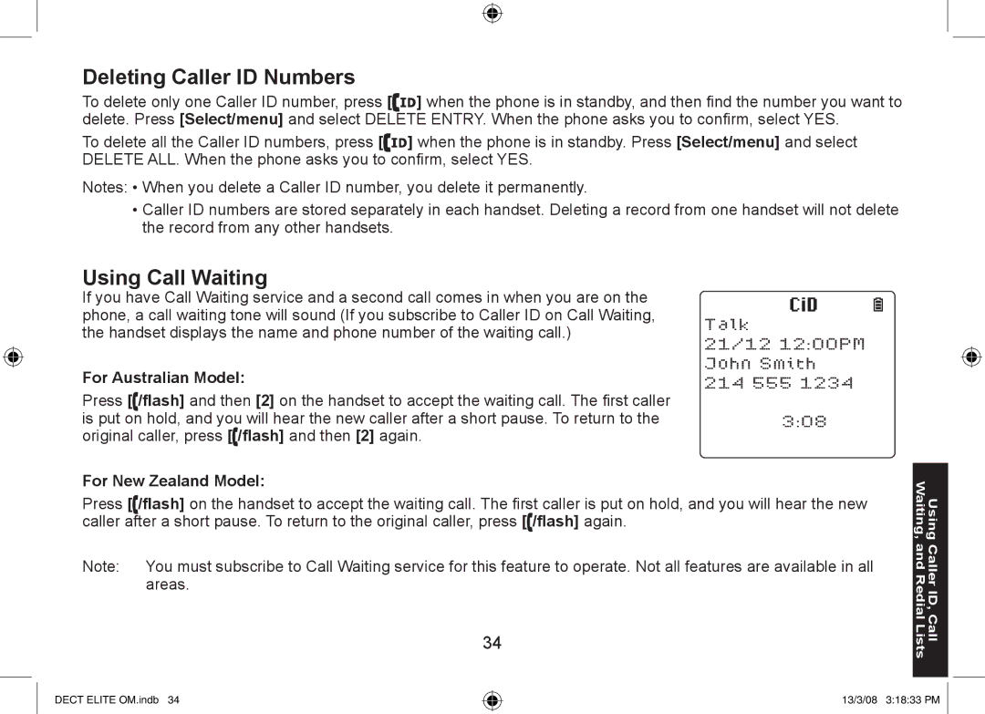 Uniden 9035+2, 9035+1 manual Deleting Caller ID Numbers, Using Call Waiting, For Australian Model, For New Zealand Model 