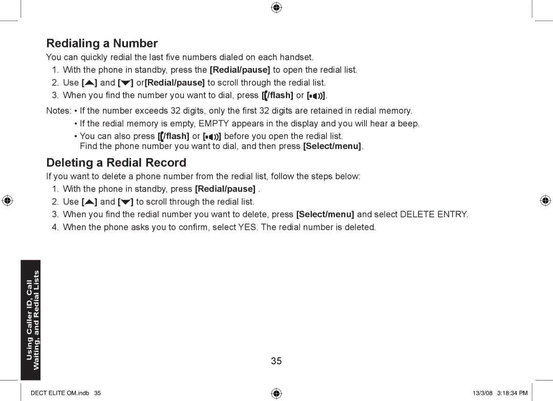 Uniden 9035+1, DECT Elite 9035, 9035+2 manual Redialing a Number, Deleting a Redial Record 