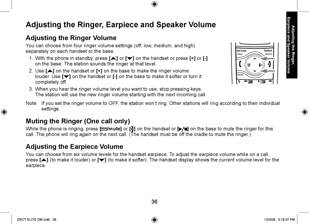 Uniden 9035+1, DECT Elite 9035, 9035+2 manual Adjusting the Ringer, Earpiece and Speaker Volume, Adjusting the Ringer Volume 