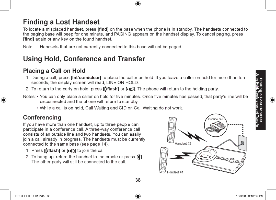 Uniden 9035+2, 9035+1 Finding a Lost Handset, Using Hold, Conference and Transfer, Placing a Call on Hold, Conferencing 