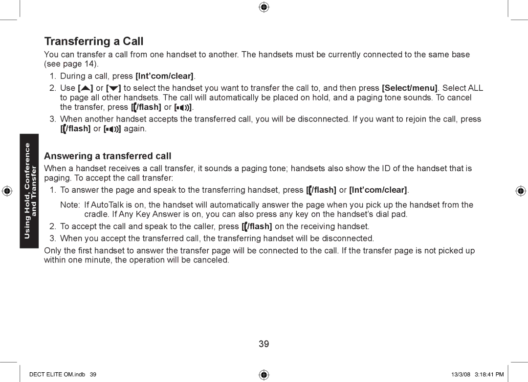 Uniden 9035+1, DECT Elite 9035, 9035+2 manual Transferring a Call, Answering a transferred call, Flash or again 